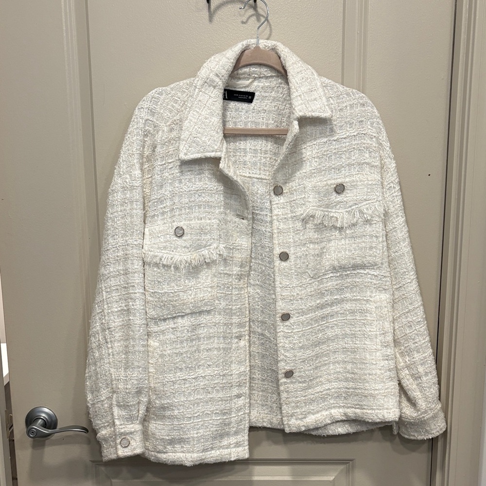 Zara Cream Tweed Fringed Pocket Jacket